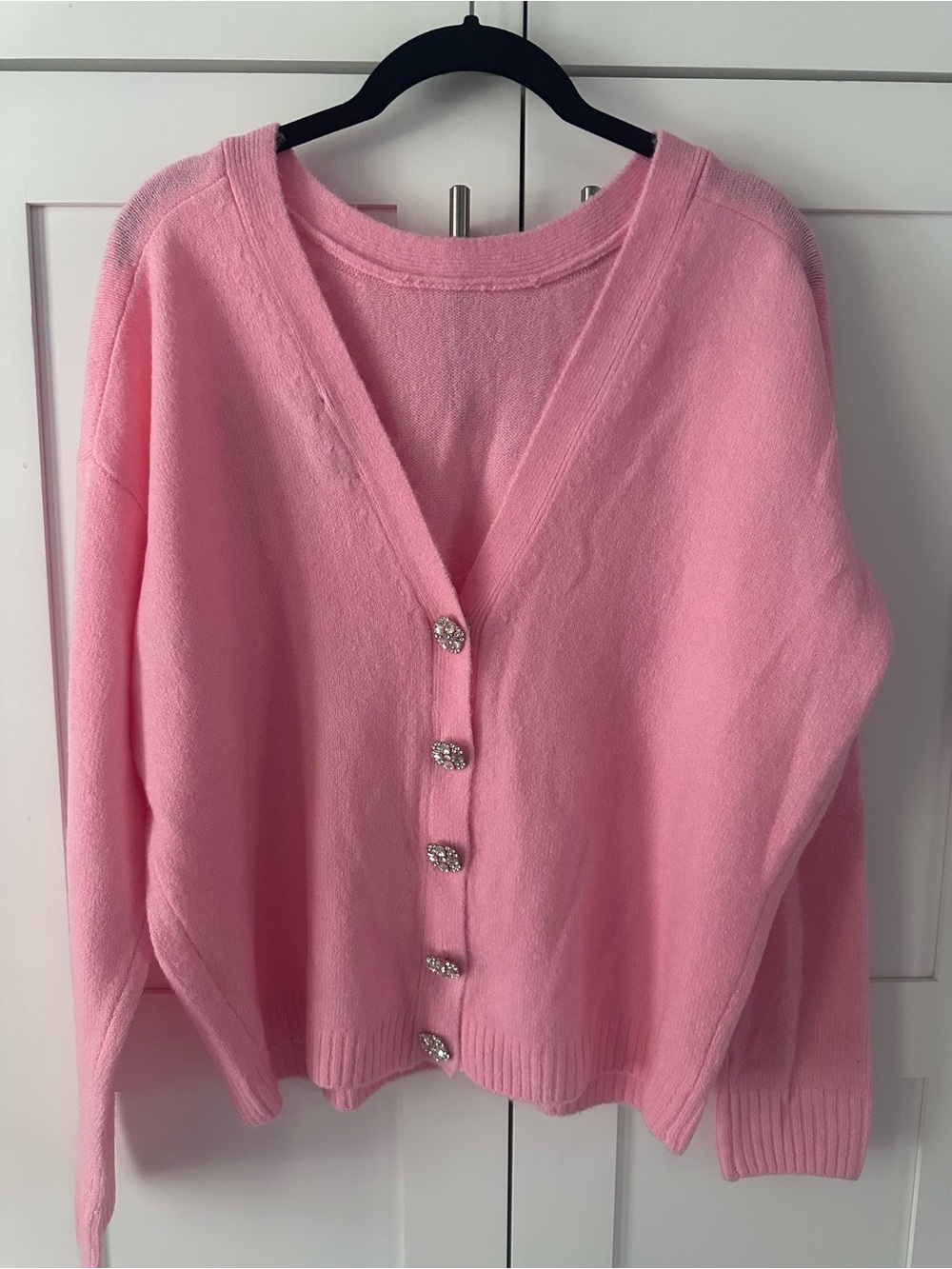CeCe Pink V-Neck Button Cardigan with Rhinestone Buttons